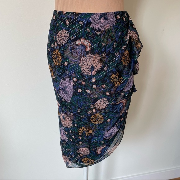 Veronica Beard Hazel Ruched Floral-Print Fil Coupé Silk-Metallic Skirt EUC Sz 4 - Picture 4 of 11
